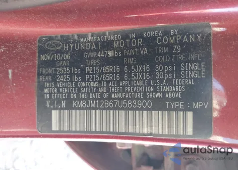 2007 Hyundai Tucson Gls from USA, damaged, VIN KM8JM12B67U583900